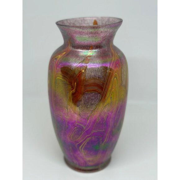VTG Iridescent Favrile Red Luster Art Glass Vase 9" Tall Made in Taiwan Colorful - Picture 5 of 5